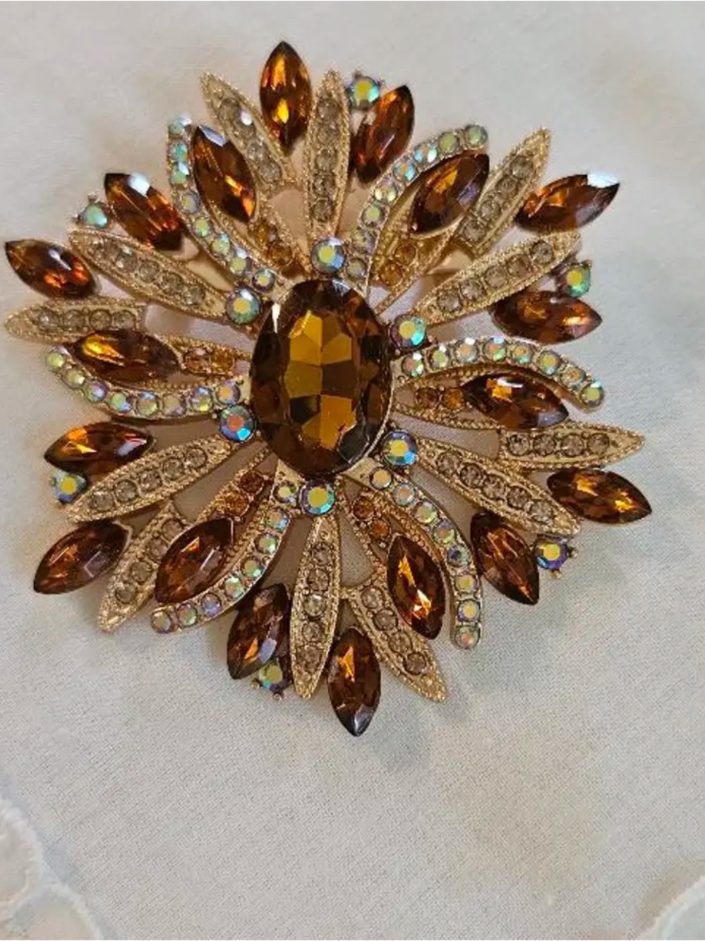 Gold-Tone Brown Crystal Sunburst Brooch - Women Jewelry